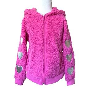 BTWEEN Sherpa Full-Zip Hearts Applique Girls Pink Jacket Warm Sweater Size 8